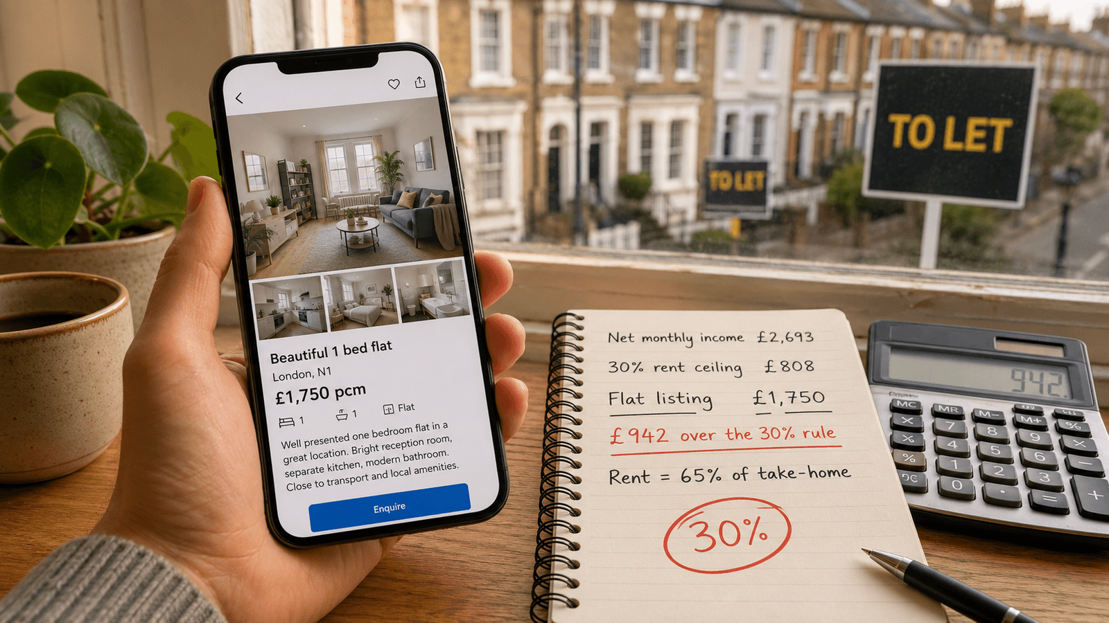 A hand holding a phone with a £1,750-a-month one-bed flat listing in London, beside a notepad working out that the rent comes to 65% of take-home — well over the 30% rule.