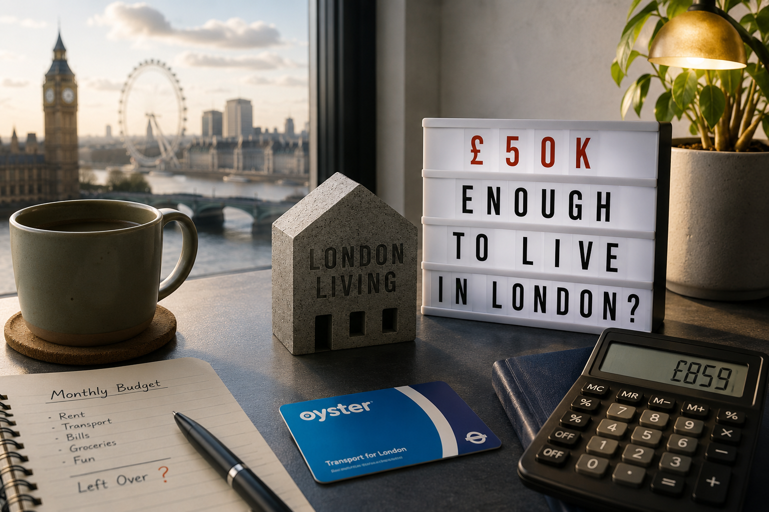 A desk with a coffee, a monthly budget notebook, an Oyster travelcard, a calculator reading £859 and a lightbox sign asking whether £50K is enough to live in London, with the London skyline through the window.